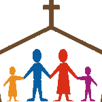 four stick figure images in a church