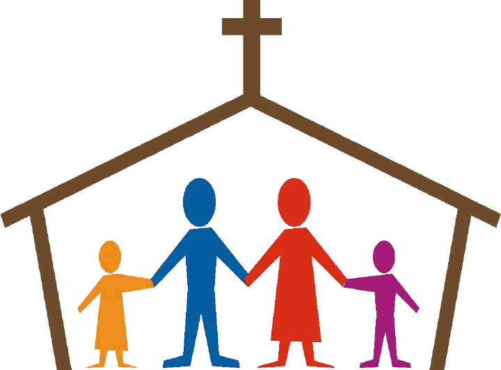 four stick figure images in a church