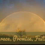 The words "grace, promise, faith" on a misty rainbow background, fair use image