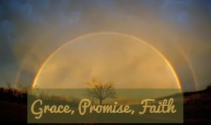 The words "grace, promise, faith" on a misty rainbow background, fair use image