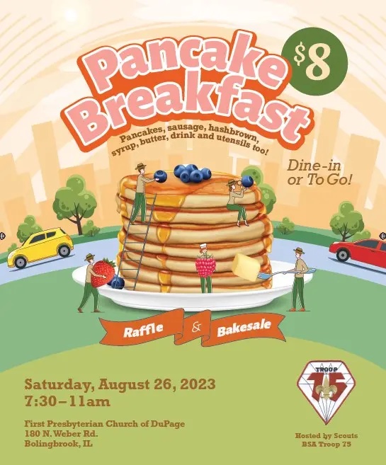 Pancake Breakfast flier for $8 breakfast on Saturday August 26 from 7:30-11am