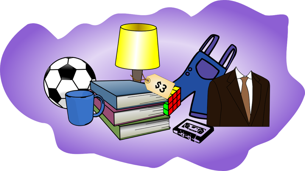 Graphic Art of garage sale items including books and games, pixabay