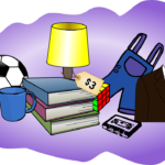 Graphic Art of garage sale items including books and games, pixabay