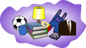Graphic Art of garage sale items including books and games, pixabay