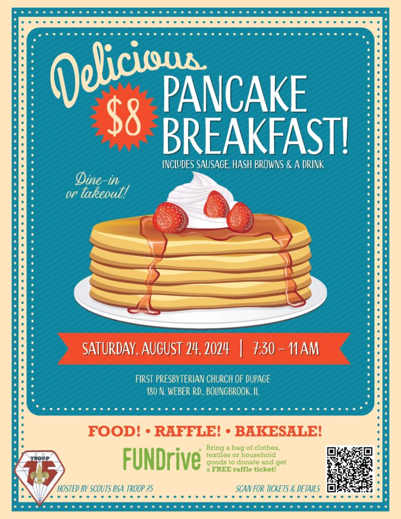 Pancake Breakfast Flier August 24 from 7:30 - 11am at FPCD for $8
