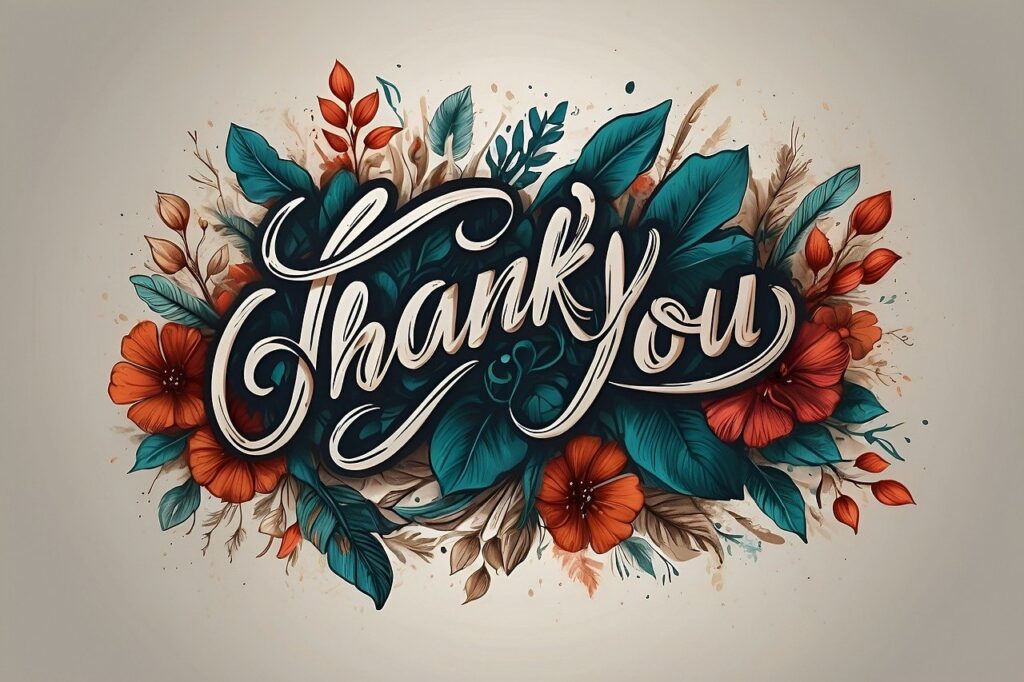 Thank you written in script in flowers, pixabay