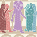 Line drawing of Jesus walking with others towards Jerusalem