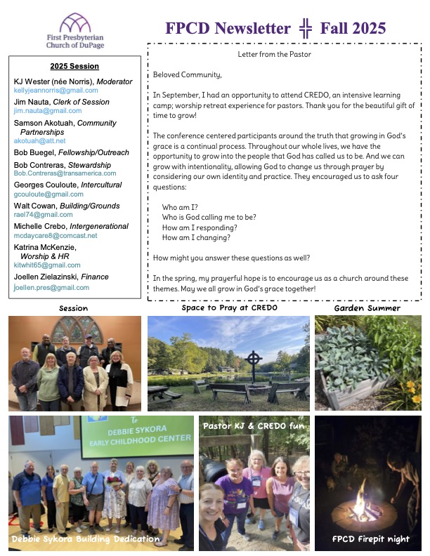 Fall Newsletter Page 1 with Session Members and Letter from the Pastor